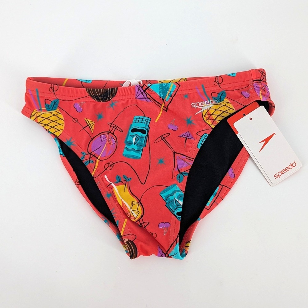 Men Speedo Beachstar Print Brief‎ 2" Tiki Cocktail Swim Suit Orange Size 30 NWT